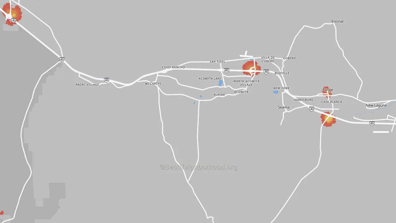 Walk Grade map of 87034, NM, walkable areas in green and car-dependent areas in red