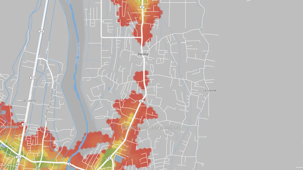 Walk Grade map of 87042, NM, walkable areas in green and car-dependent areas in red