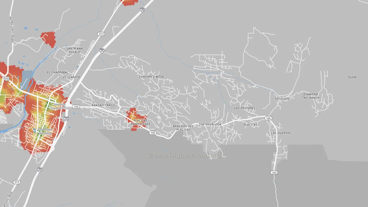 Walk Grade map of 87043, NM, walkable areas in green and car-dependent areas in red