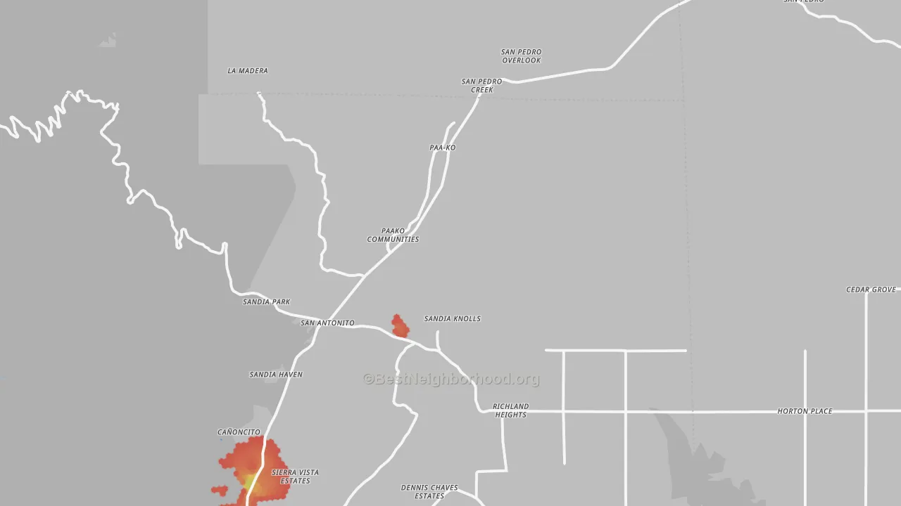 Walk Grade map of 87047, NM, walkable areas in green and car-dependent areas in red