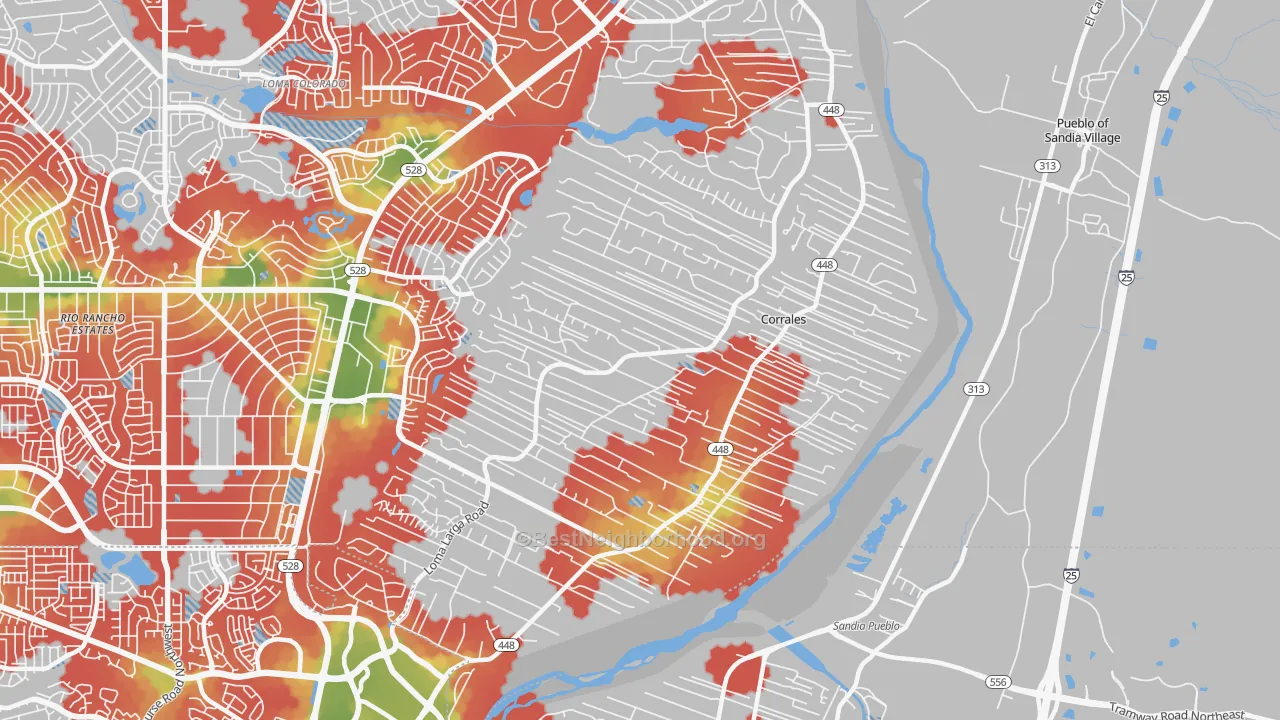 Walk Grade map of 87048, NM, walkable areas in green and car-dependent areas in red