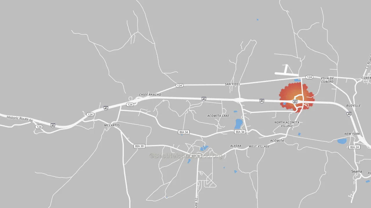 Walk Grade map of 87049, NM, walkable areas in green and car-dependent areas in red