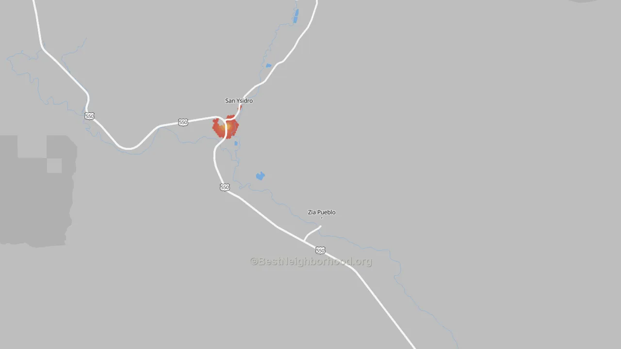 Walk Grade map of 87053, NM, walkable areas in green and car-dependent areas in red