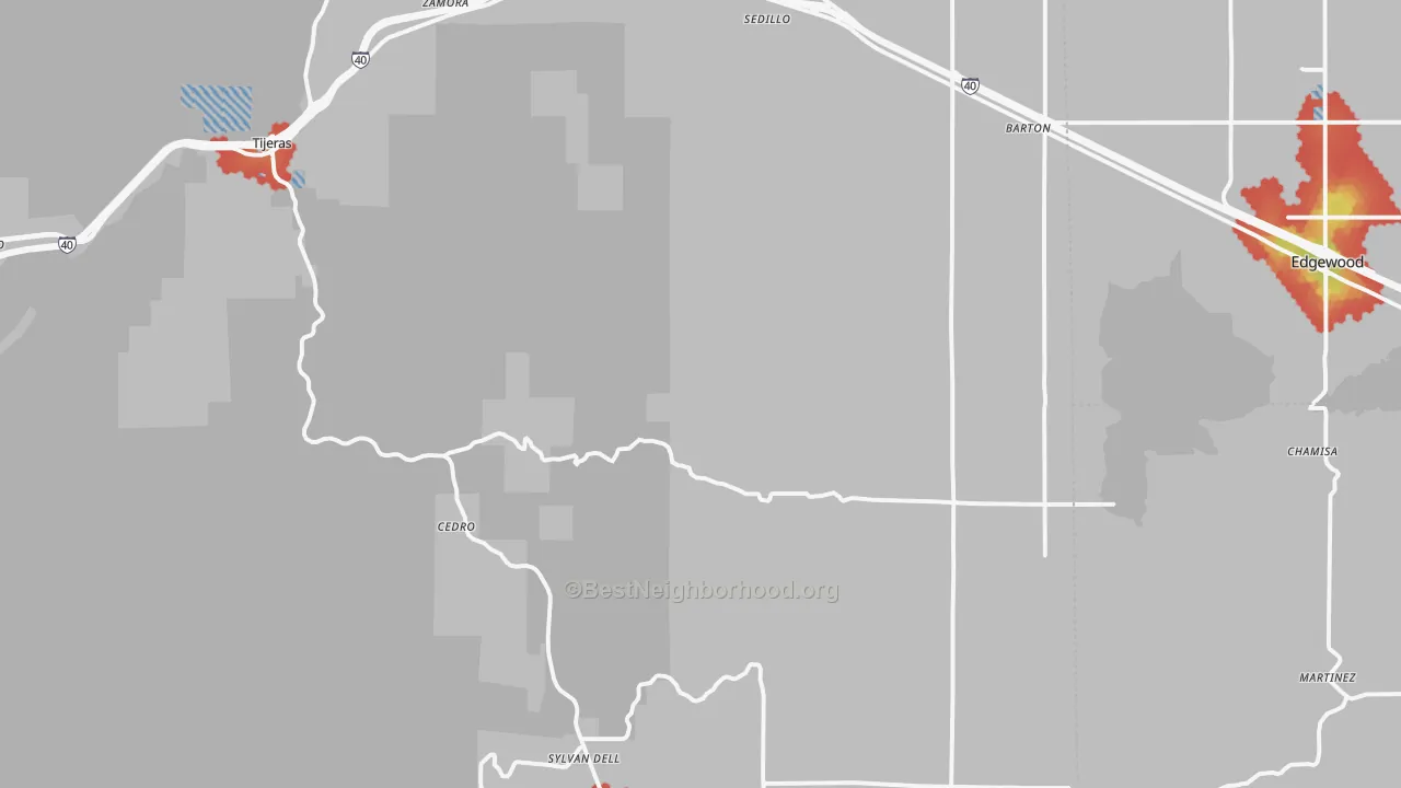 Walk Grade map of 87059, NM, walkable areas in green and car-dependent areas in red