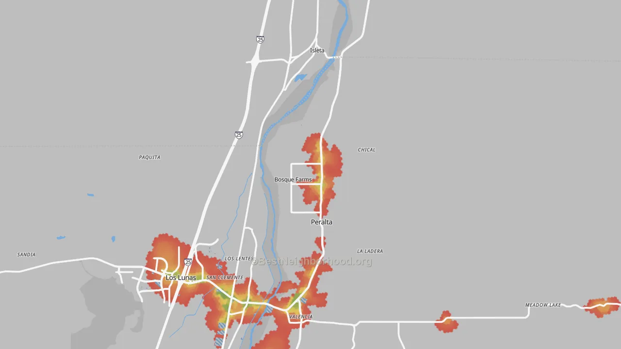 Walk Grade map of 87068, NM, walkable areas in green and car-dependent areas in red