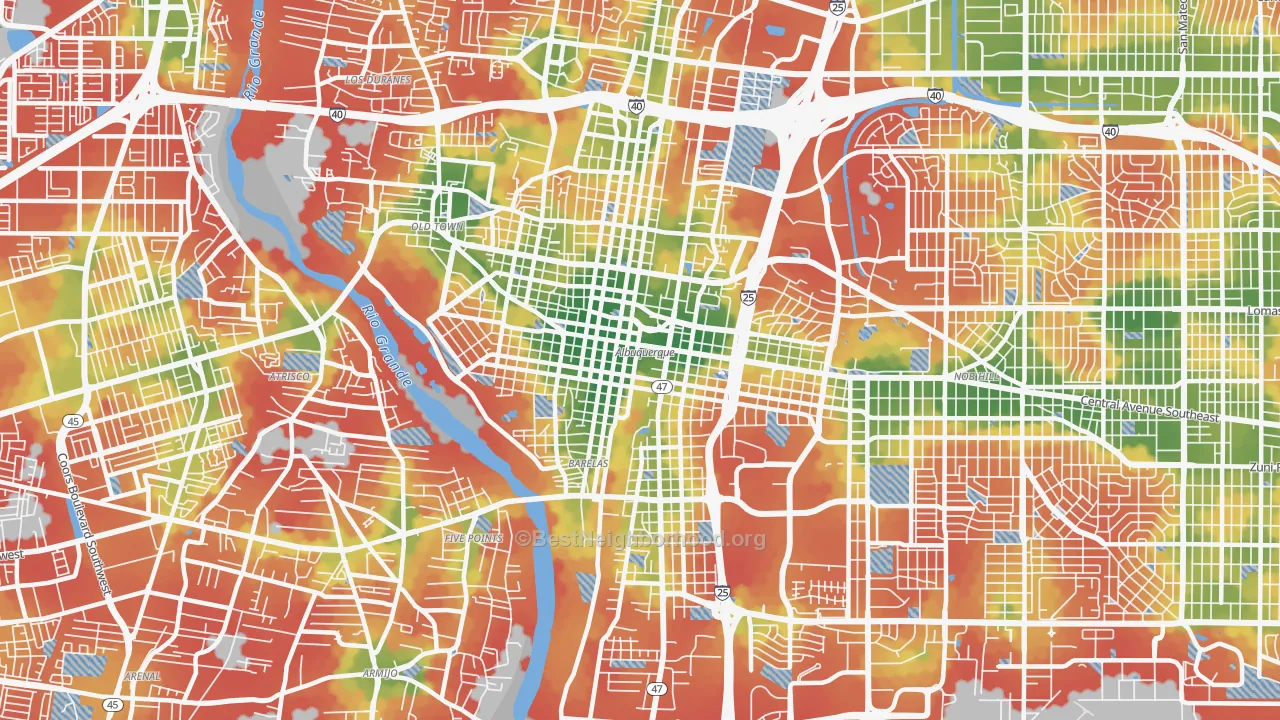 Walk Grade map of 87102, NM, walkable areas in green and car-dependent areas in red