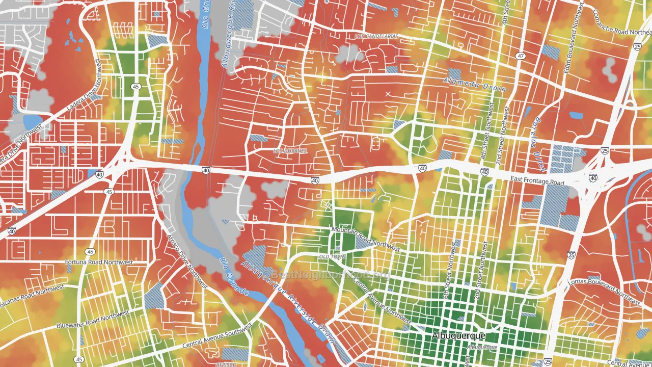 Walk Grade map of 87104, NM, walkable areas in green and car-dependent areas in red