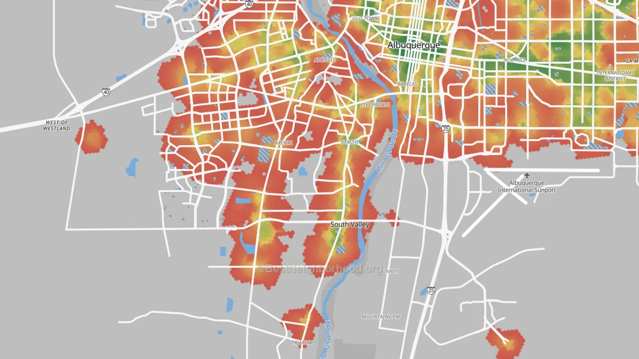 Walk Grade map of 87105, NM, walkable areas in green and car-dependent areas in red