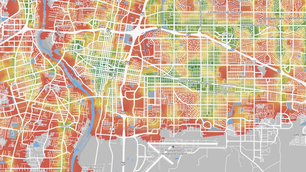Walk Grade map of 87106, NM, walkable areas in green and car-dependent areas in red
