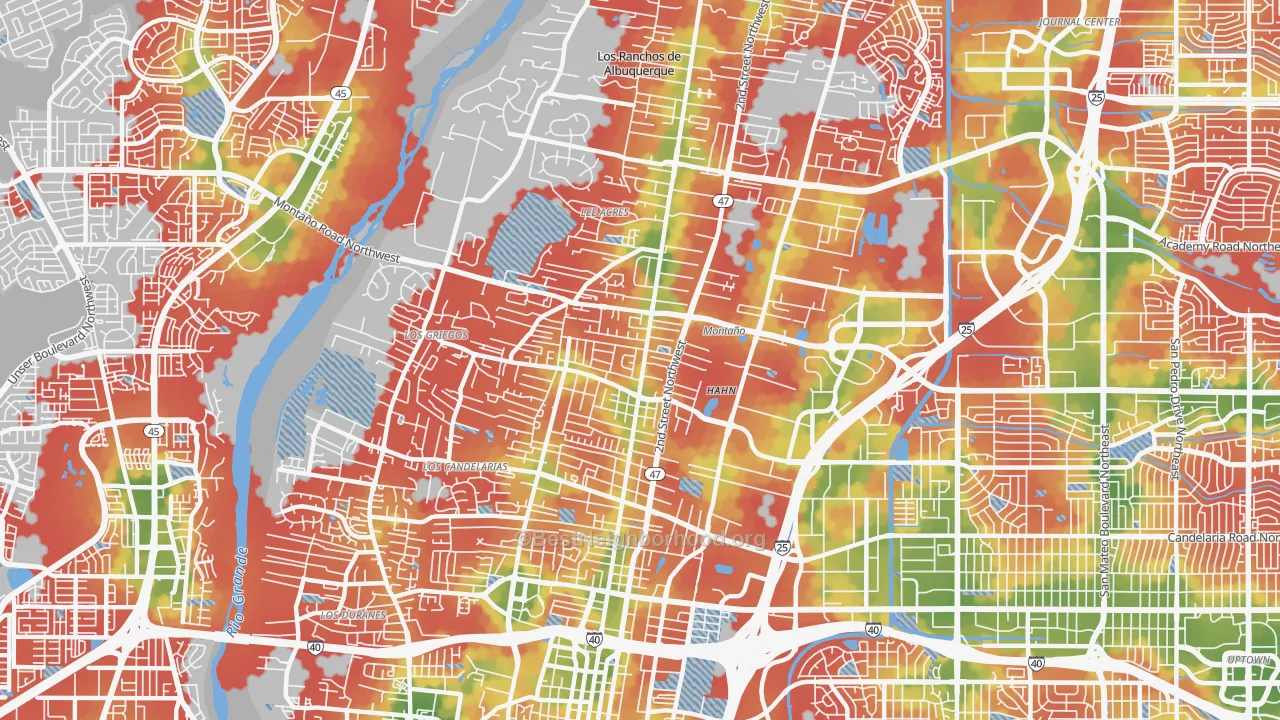 Walk Grade map of 87107, NM, walkable areas in green and car-dependent areas in red