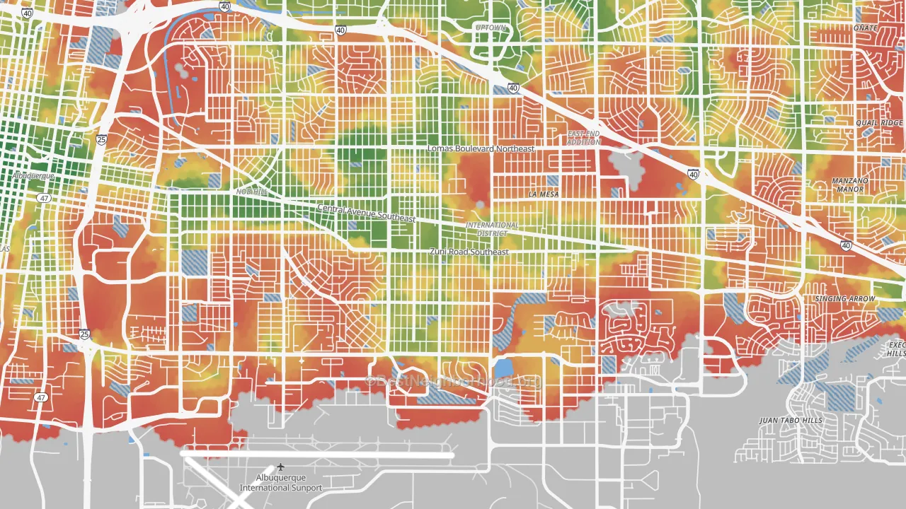 Walk Grade map of 87108, NM, walkable areas in green and car-dependent areas in red