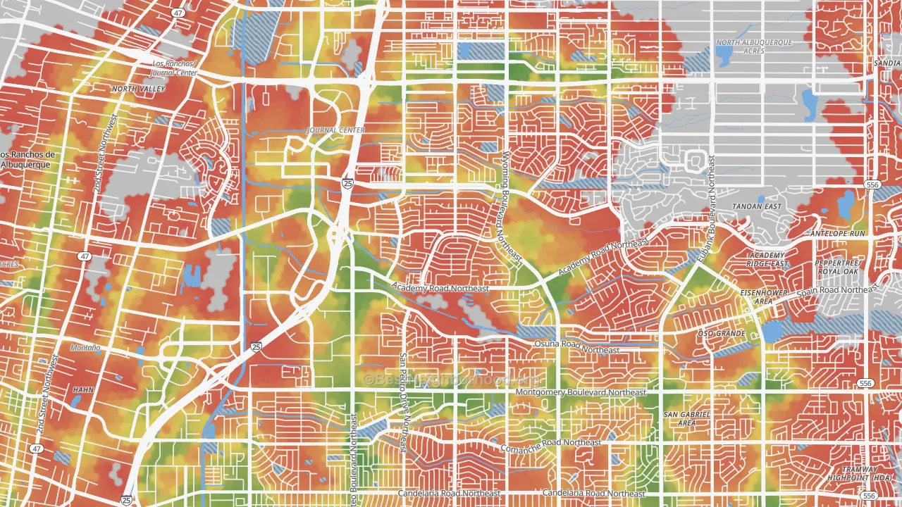 Walk Grade map of 87109, NM, walkable areas in green and car-dependent areas in red
