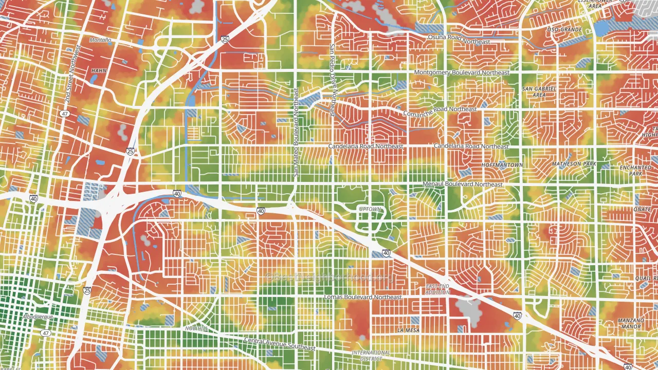 Walk Grade map of 87110, NM, walkable areas in green and car-dependent areas in red
