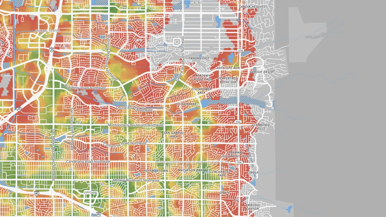 Walk Grade map of 87111, NM, walkable areas in green and car-dependent areas in red