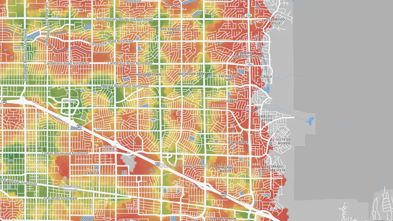 Walk Grade map of 87112, NM, walkable areas in green and car-dependent areas in red