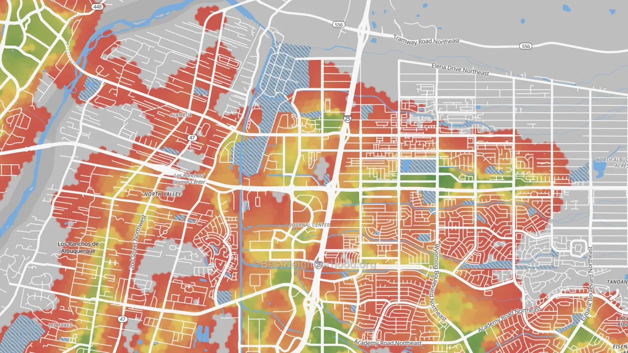 Walk Grade map of 87113, NM, walkable areas in green and car-dependent areas in red