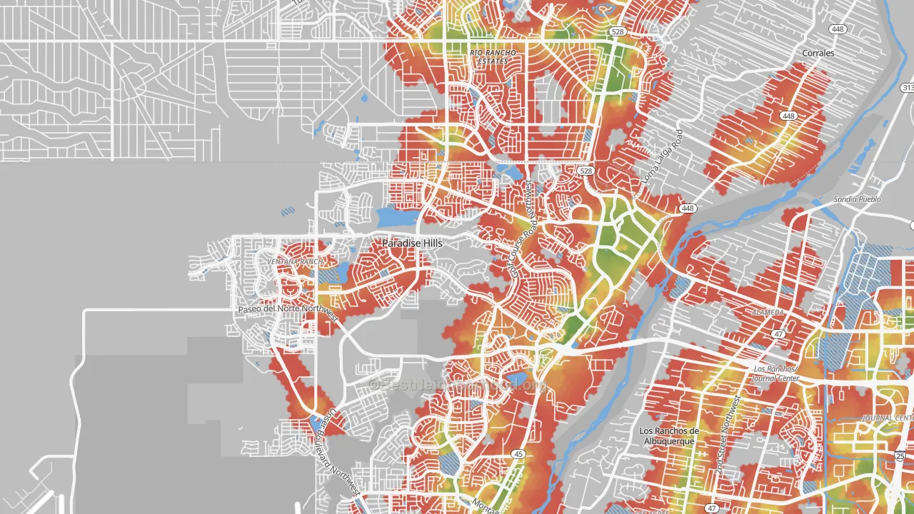 Walk Grade map of 87114, NM, walkable areas in green and car-dependent areas in red