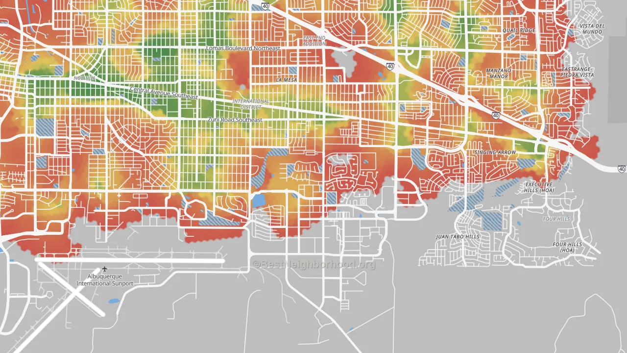 Walk Grade map of 87116, NM, walkable areas in green and car-dependent areas in red
