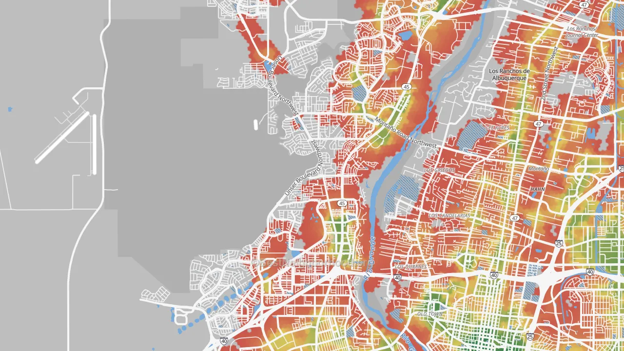 Walk Grade map of 87120, NM, walkable areas in green and car-dependent areas in red