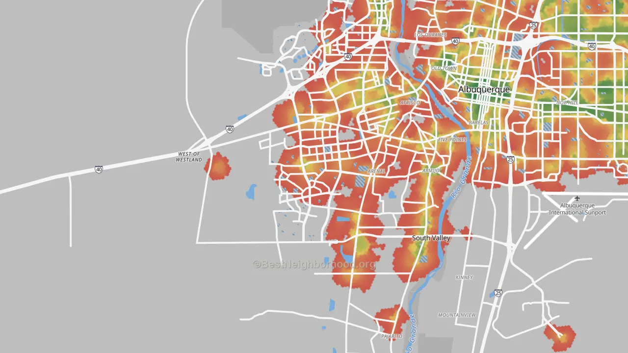 Walk Grade map of 87121, NM, walkable areas in green and car-dependent areas in red