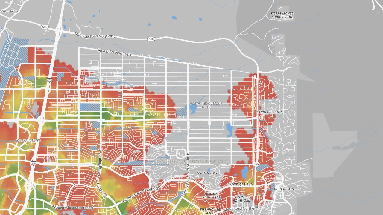 Walk Grade map of 87122, NM, walkable areas in green and car-dependent areas in red