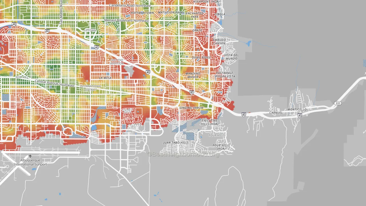 Walk Grade map of 87123, NM, walkable areas in green and car-dependent areas in red