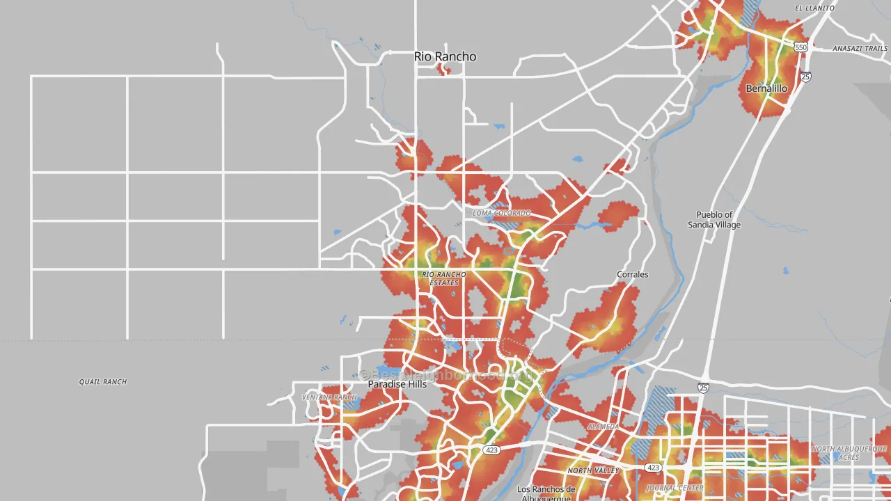Walk Grade map of 87124, NM, walkable areas in green and car-dependent areas in red