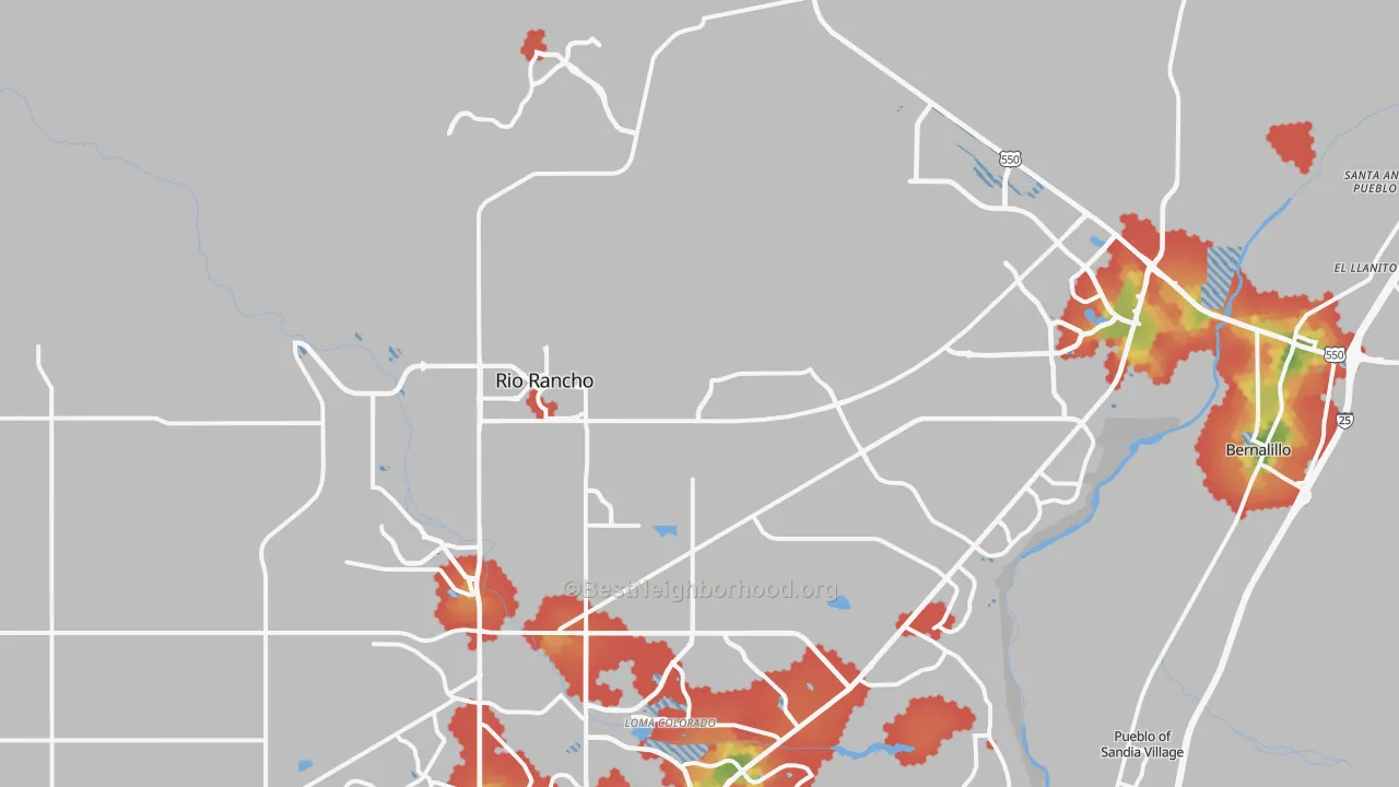Walk Grade map of 87144, NM, walkable areas in green and car-dependent areas in red