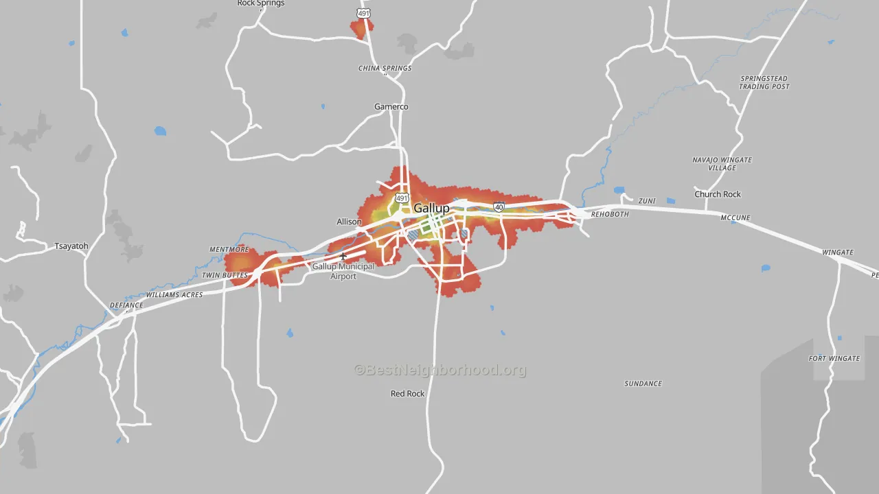Walk Grade map of 87301, NM, walkable areas in green and car-dependent areas in red