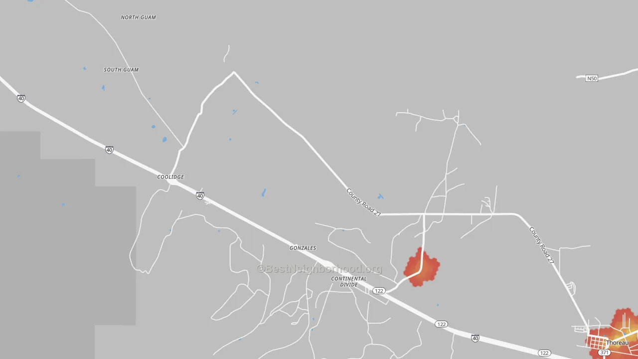 Walk Grade map of 87312, NM, walkable areas in green and car-dependent areas in red