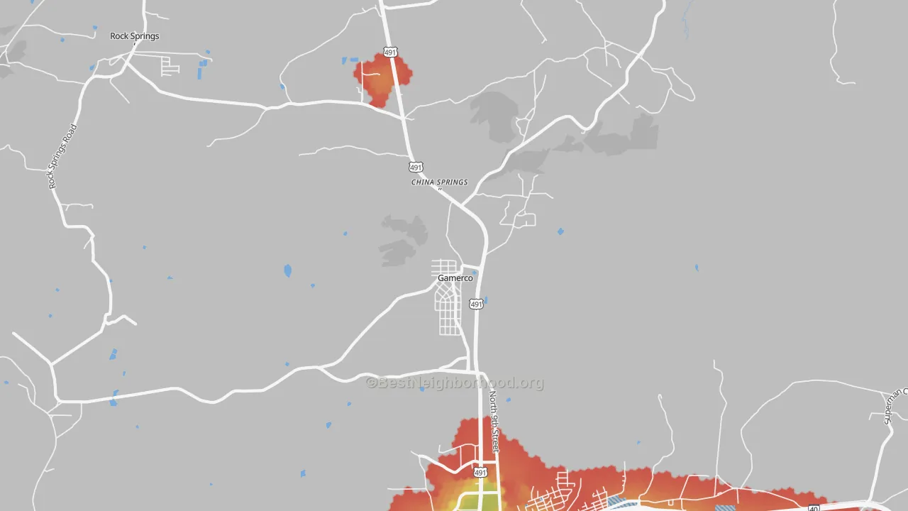 Walk Grade map of 87317, NM, walkable areas in green and car-dependent areas in red