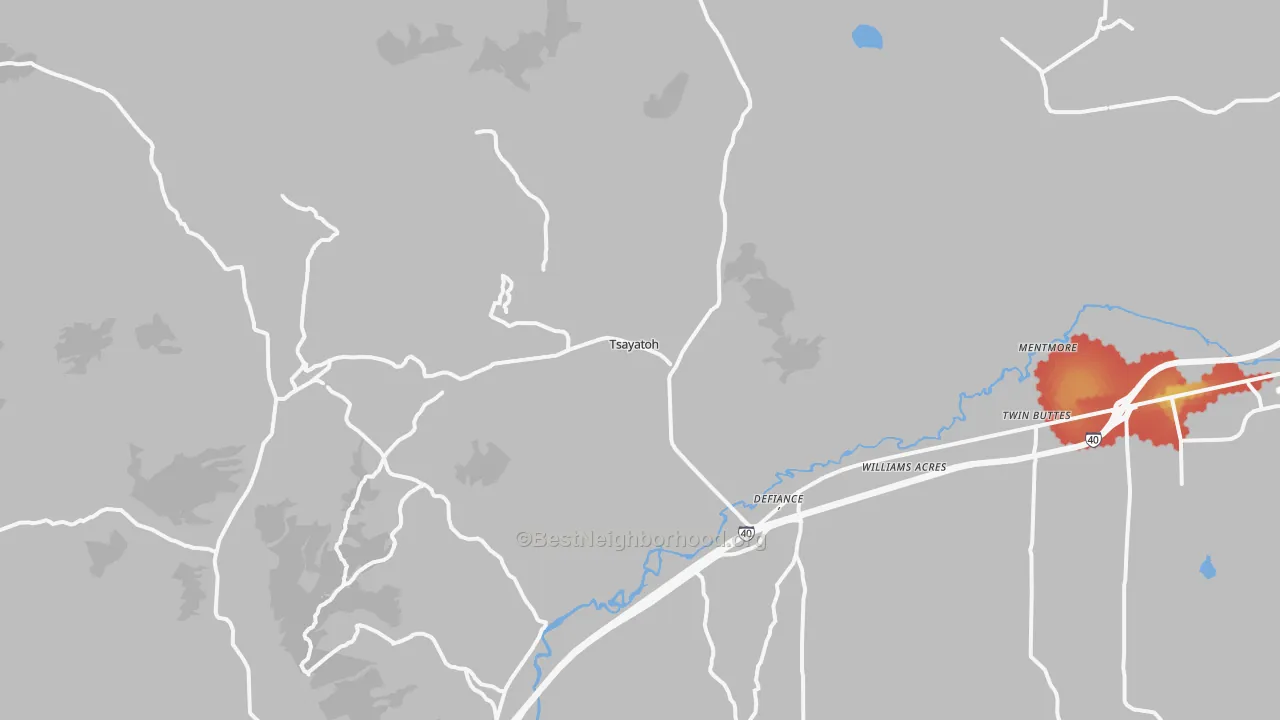 Walk Grade map of 87319, NM, walkable areas in green and car-dependent areas in red