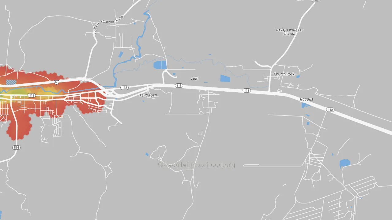 Walk Grade map of 87322, NM, walkable areas in green and car-dependent areas in red