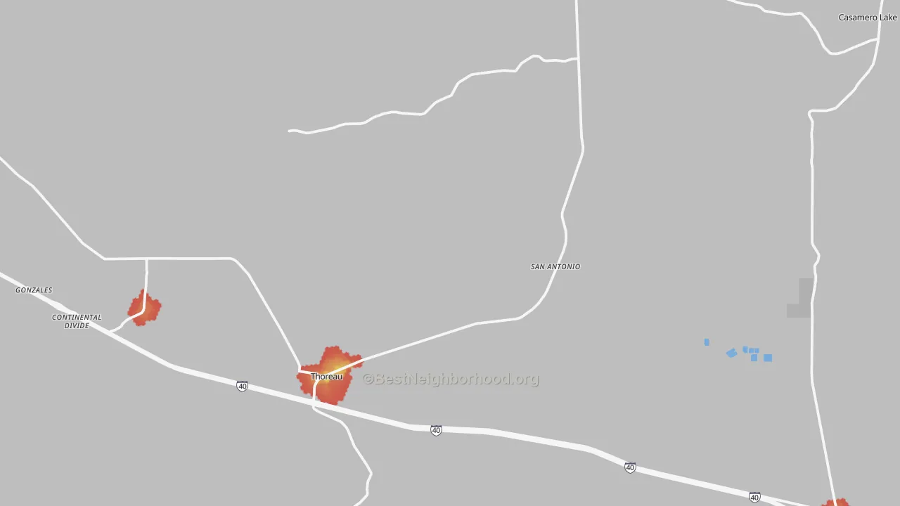 Walk Grade map of 87323, NM, walkable areas in green and car-dependent areas in red