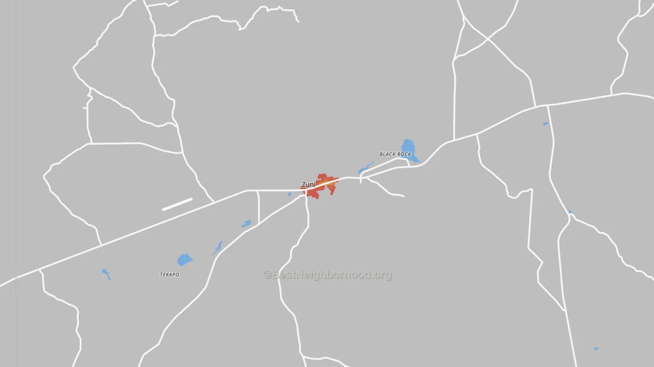 Walk Grade map of 87327, NM, walkable areas in green and car-dependent areas in red