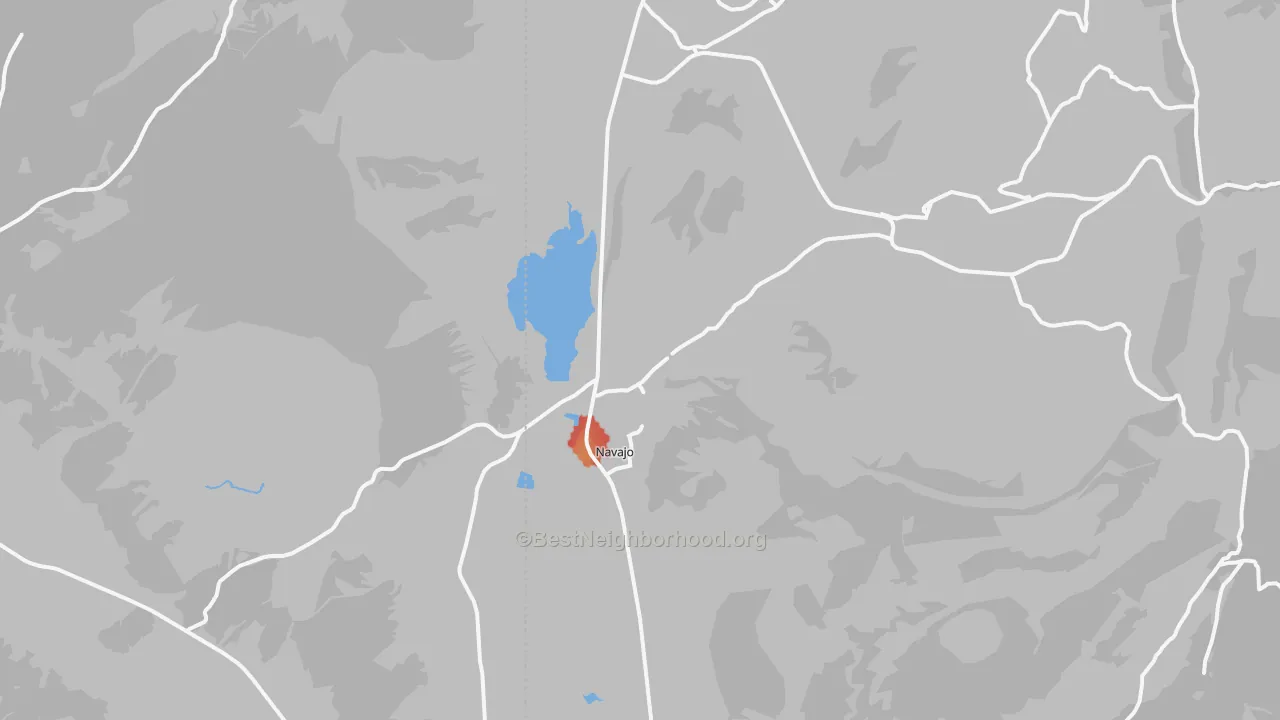 Walk Grade map of 87328, NM, walkable areas in green and car-dependent areas in red