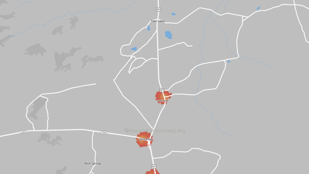 Walk Grade map of 87375, NM, walkable areas in green and car-dependent areas in red