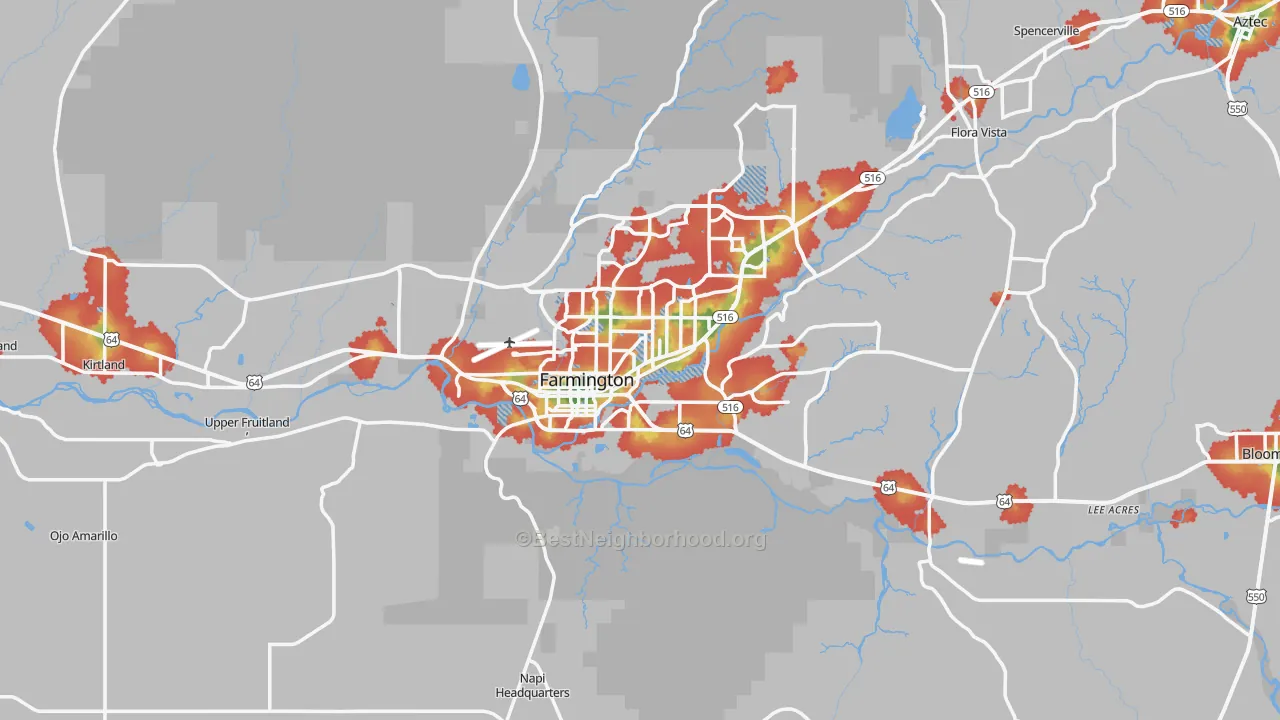 Walk Grade map of 87401, NM, walkable areas in green and car-dependent areas in red