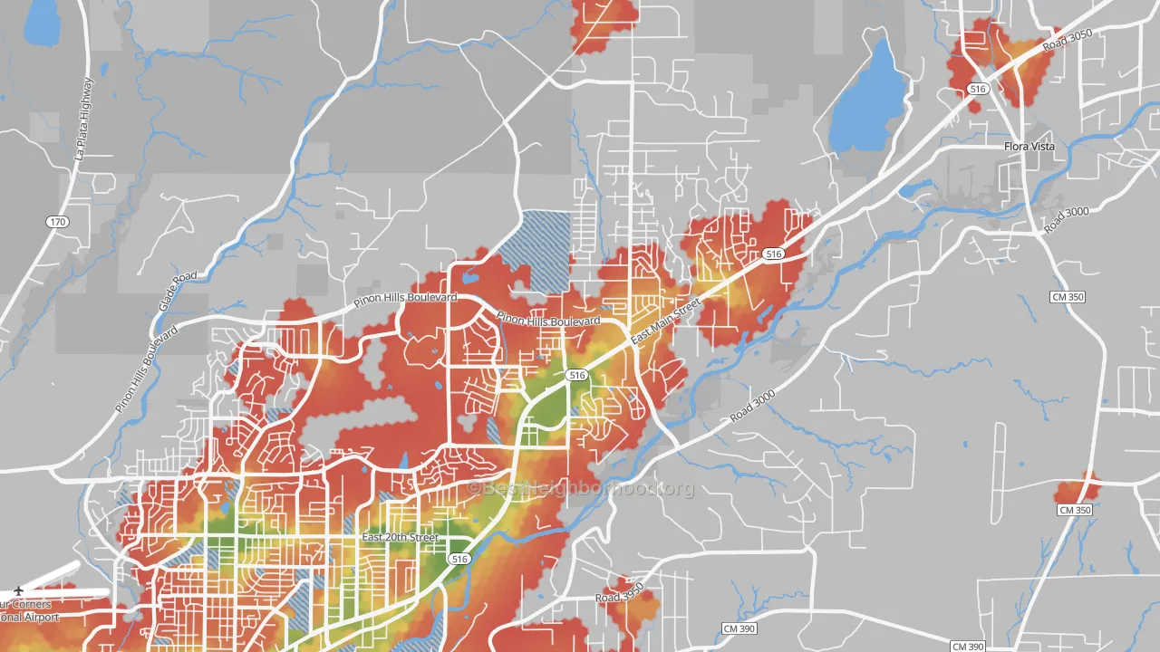 Walk Grade map of 87402, NM, walkable areas in green and car-dependent areas in red