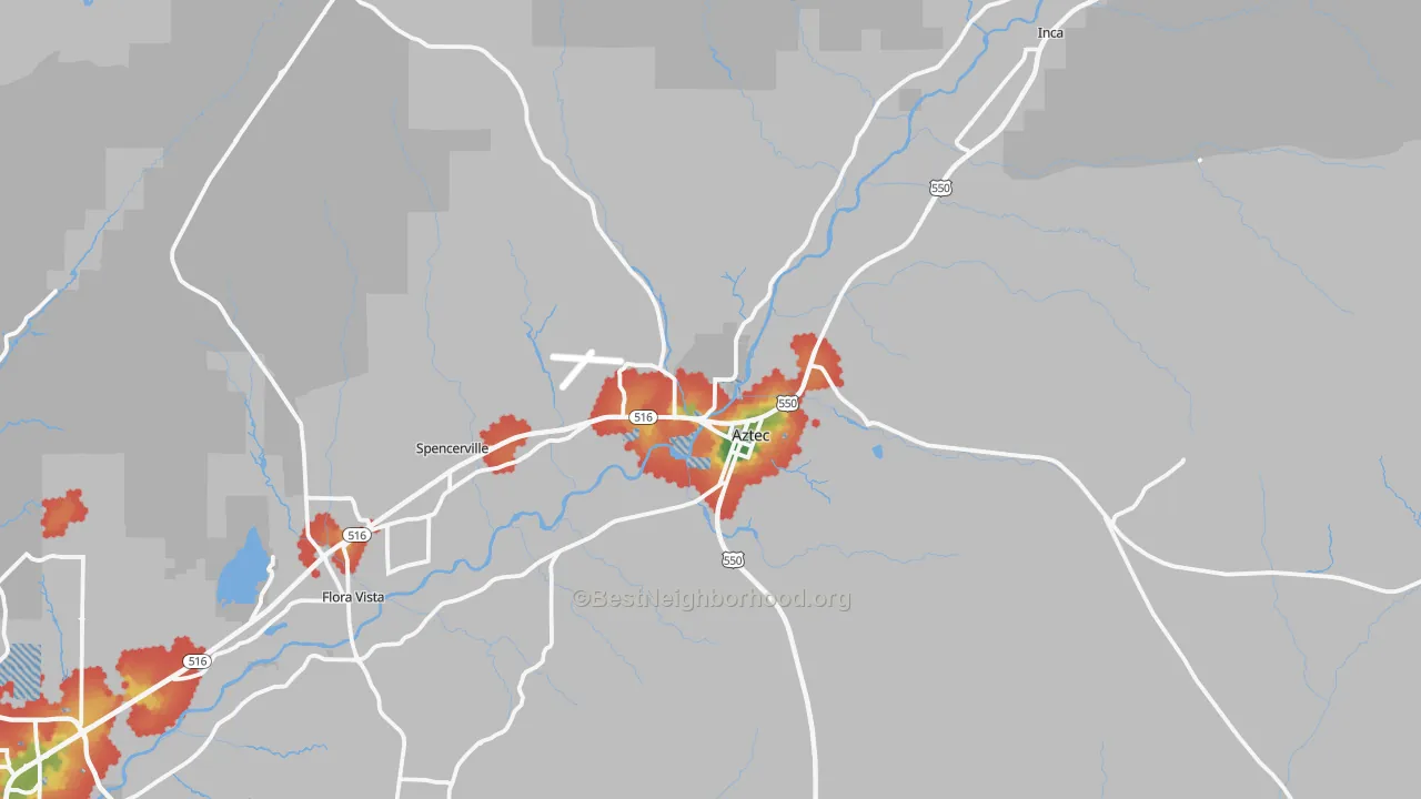 Walk Grade map of 87410, NM, walkable areas in green and car-dependent areas in red