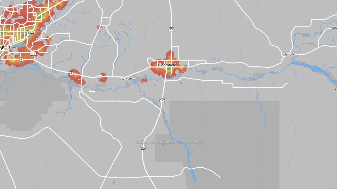 Walk Grade map of 87413, NM, walkable areas in green and car-dependent areas in red