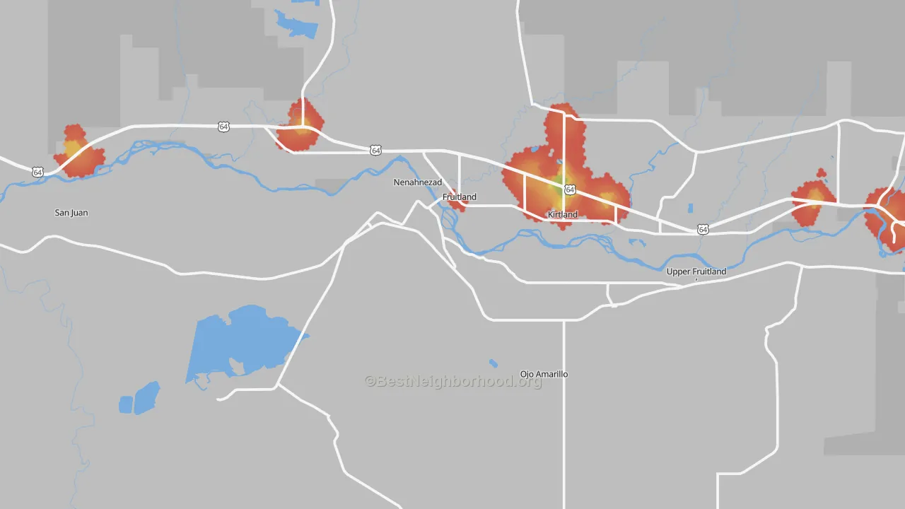 Walk Grade map of 87416, NM, walkable areas in green and car-dependent areas in red