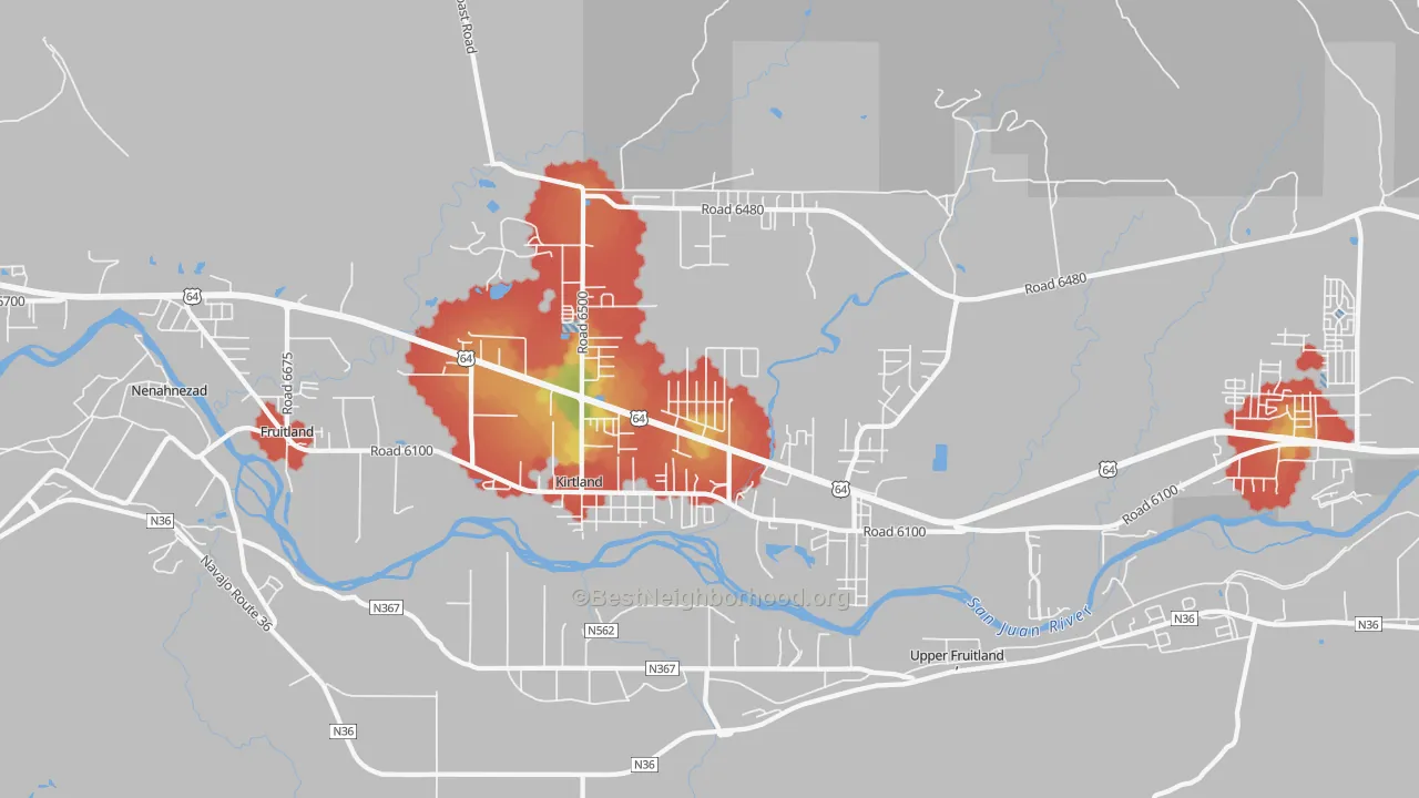 Walk Grade map of 87417, NM, walkable areas in green and car-dependent areas in red
