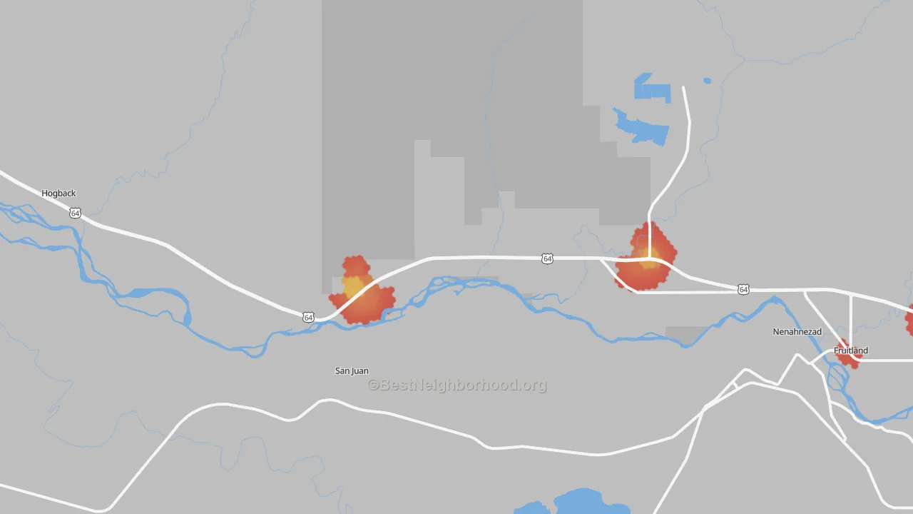 Walk Grade map of 87421, NM, walkable areas in green and car-dependent areas in red