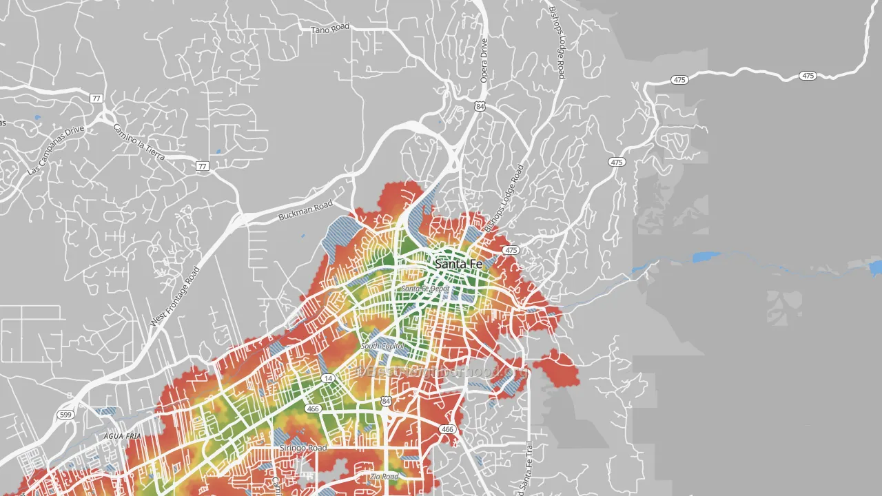 Walk Grade map of 87501, NM, walkable areas in green and car-dependent areas in red