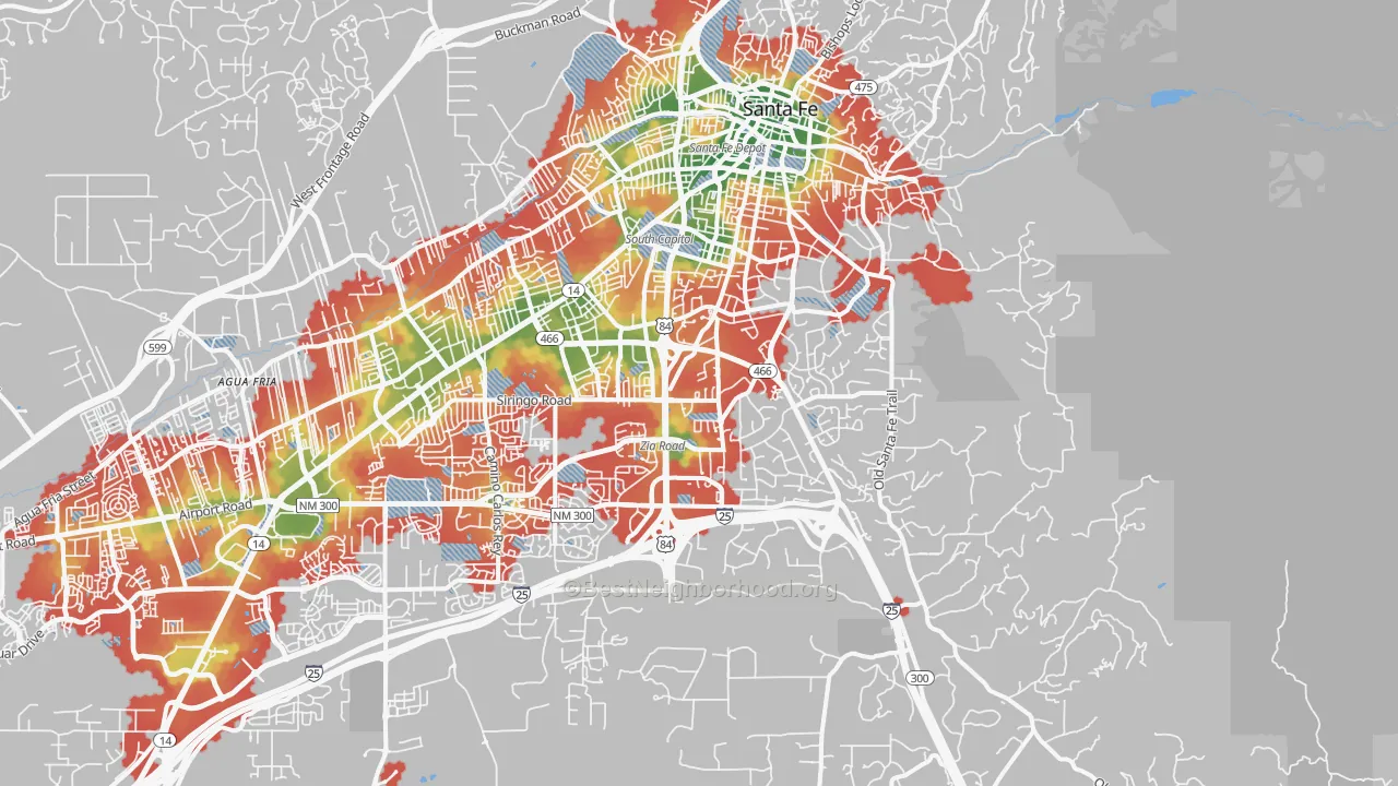 Walk Grade map of 87505, NM, walkable areas in green and car-dependent areas in red