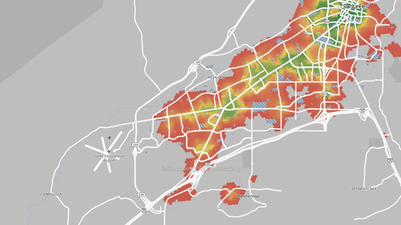 Walk Grade map of 87507, NM, walkable areas in green and car-dependent areas in red