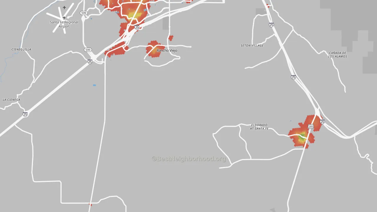 Walk Grade map of 87508, NM, walkable areas in green and car-dependent areas in red