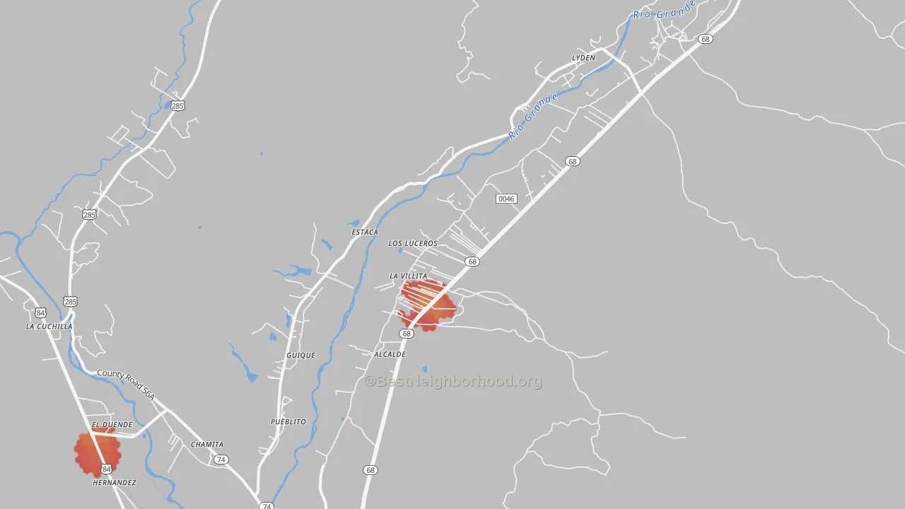 Walk Grade map of 87511, NM, walkable areas in green and car-dependent areas in red