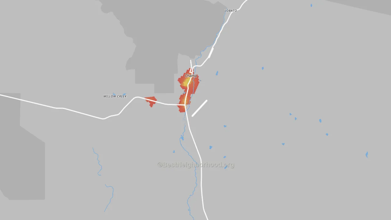 Walk Grade map of 87520, NM, walkable areas in green and car-dependent areas in red